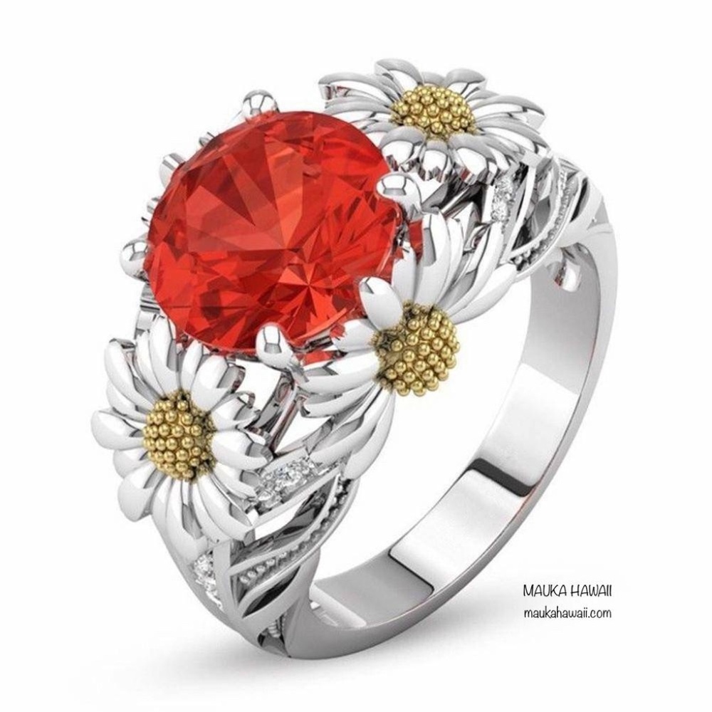 Red Daisy Sunflower Flower Cubic Zirconia Ring Casual Retro Glam 6 7 8 9 10